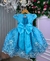 Vestido infantil luxuoso azul Tiffany com detalhes em renda e laço na parte traseira.