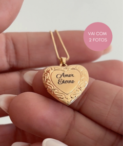 Colar relicário Afeto de coração com gravação a laser banho de ouro - comprar online