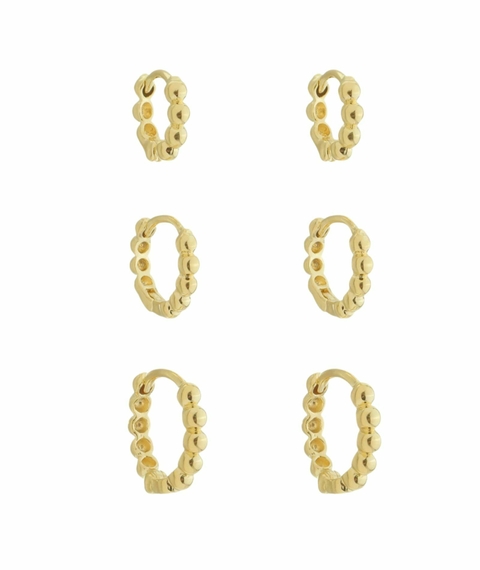 Trio de argolas de bolinhas banho de ouro 18k