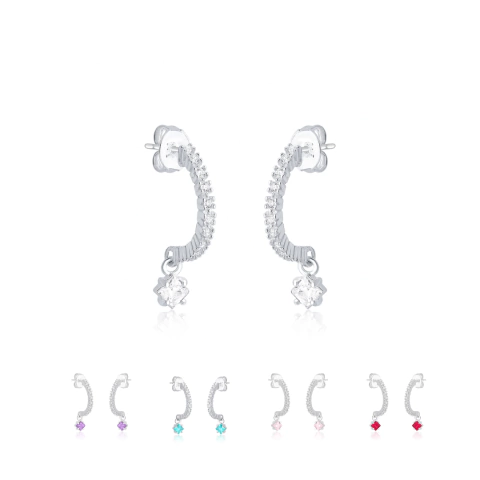 Brinco Meia Argola Cravejada com Zircônia Pendurada em Prata