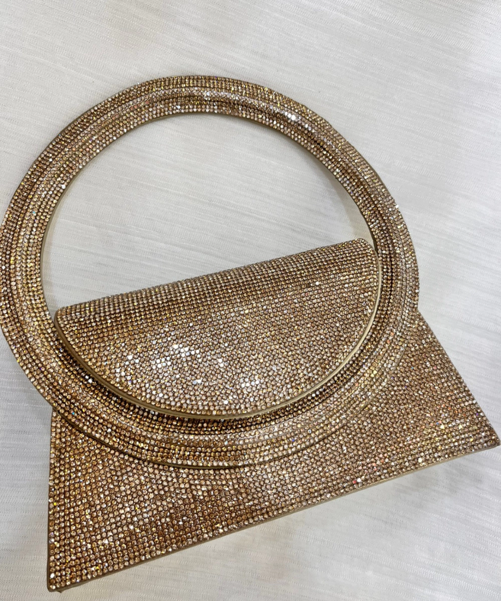 Clutch de Festa Luxo com Alça Circular – Dourada com Strass
