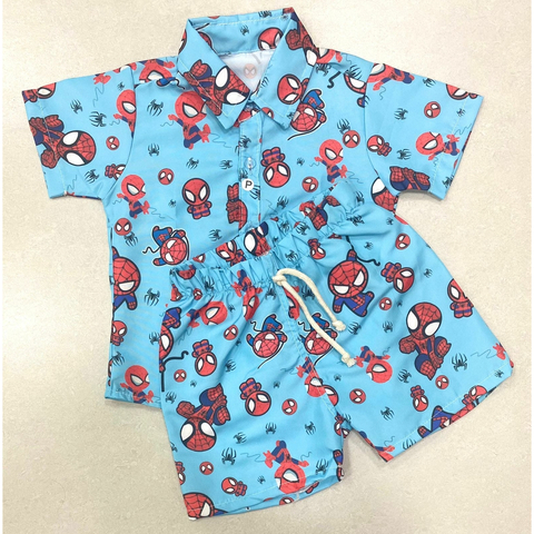 Conjunto infantil Mauricinho camisa com bermuda tema Homem Aranha 1 a 6 anos