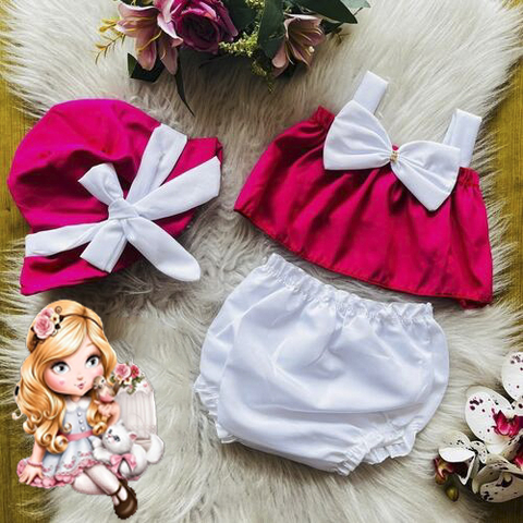 Conjunto bebê Verão / Menina Rosa com Branco - 4 peças