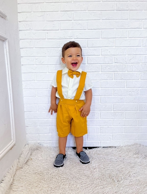 Conjunto Mostarda - menino social Suspensório + gravata removível