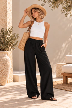 Pantalón Palazzo Liso Mujer Lino Bolsillos Liviano Moda - tienda online