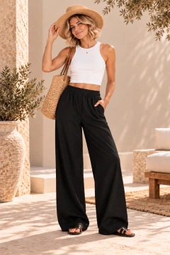 Pantalón Palazzo Liso Mujer Lino Bolsillos Liviano Moda