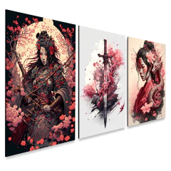 kit 3 Quadros Decorativos Geisha Art Japonesa