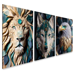 kit 3 Quadros Decorativos Leão Águia e Lobo