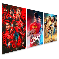 Kit 3 Quadros Decorativos Messi e Cr7