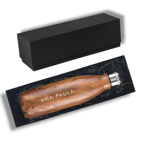 Kit Presente Caixa e Garrafa C/ Nome Gravado a Laser 750ml Madeira