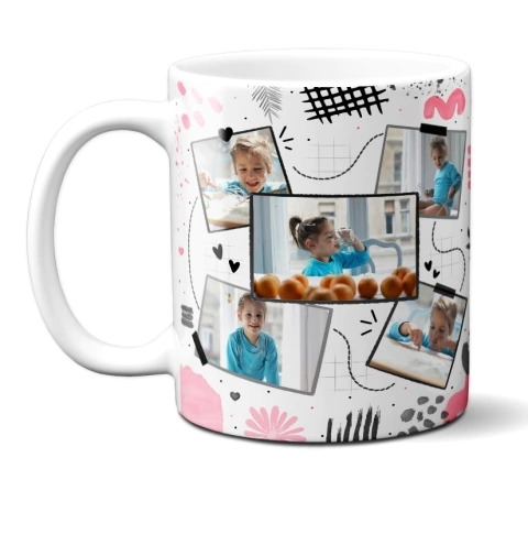 Caneca Rosa Detalhes Personalizada Com 5 Fotos