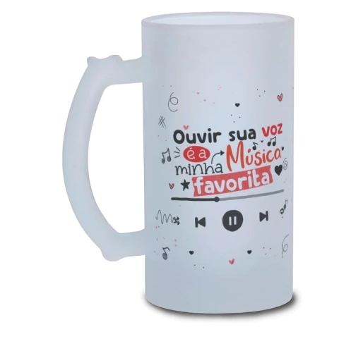 Caneca Chopp Casais Sua Voz É Música Vidro Jateado 475ml