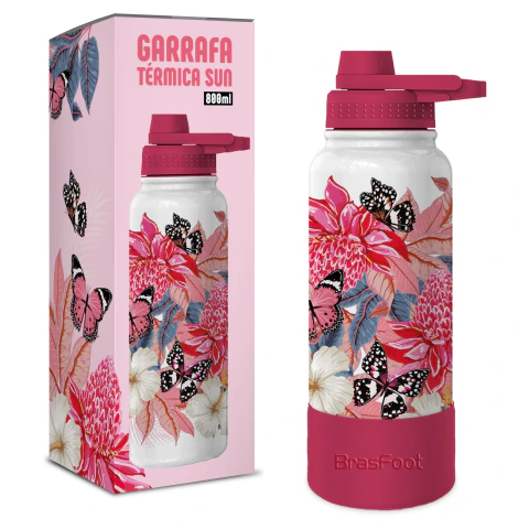 Garrafa Termica Sun Max C/ Base Silicone 800ml - Borboleta