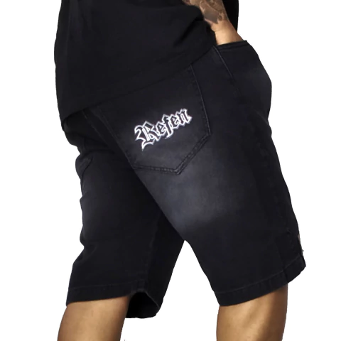 Bermuda Jeans Refen Bordado Gothic Preto Lavado