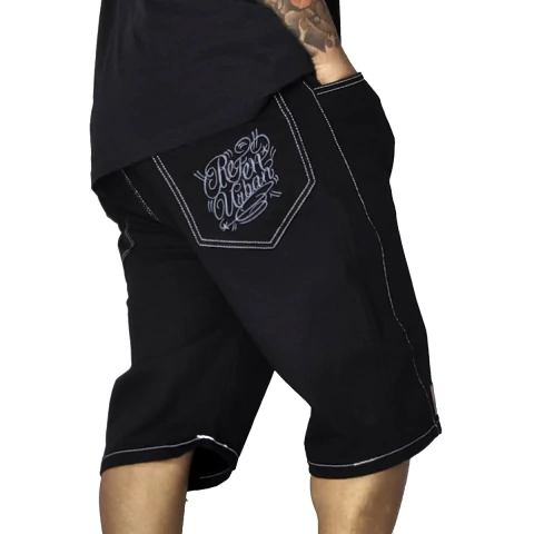 Bermuda Jeans Refen Risca de Giz Bordado Balão Preto