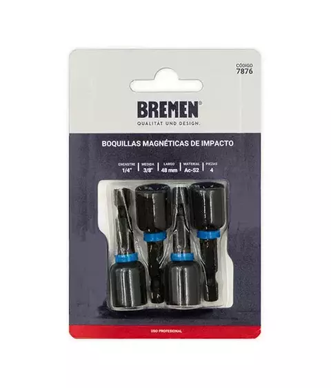 Boquilla Magnética De Impacto Ø3/8" x 48mm x 4 Piezas - Enc.: 1/4" - Bremen (7876)