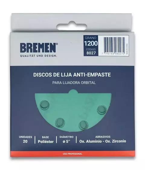 Disco De Lija Anti-Empaste P/Lijadora Roto Orbital Gr 1200 x 20 Unidades Bremen (8027)