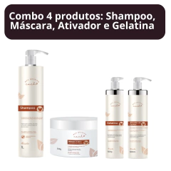 Combo 4 Produtos: Shampoo 1 litro + Máscara 2 em 1 Condicionante e Nutritiva 500 gramas + Ativador de Cachos 500 gramas + Gelatina 500 gramas