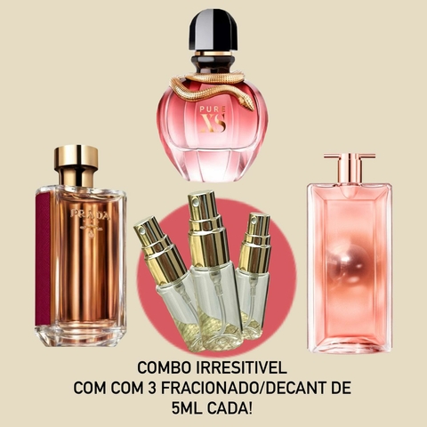 Combo Irresistível 3 FRACIONADO/DECANT DE 5ML CADA! (Idole Aura, La femme prada intense e Pure XS)