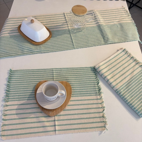 Jogo Americano c/ trilho 7 peças - Cru c/ Verde Agua