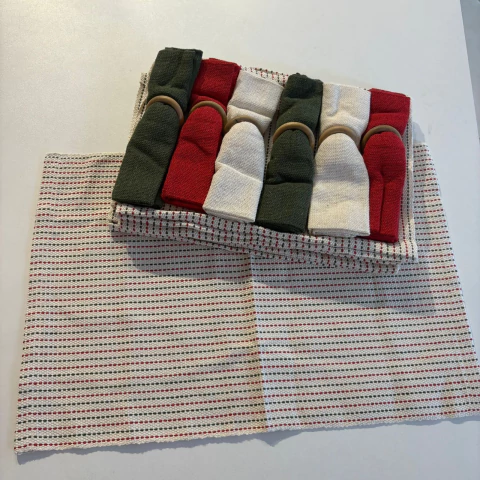 Jogo Americano Completo em Algodão 18 peças - Cru c/ verde e Vermelho Natal