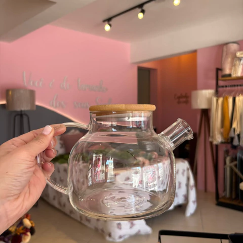 Chaleira em Vidro com tampa de bambu 1L