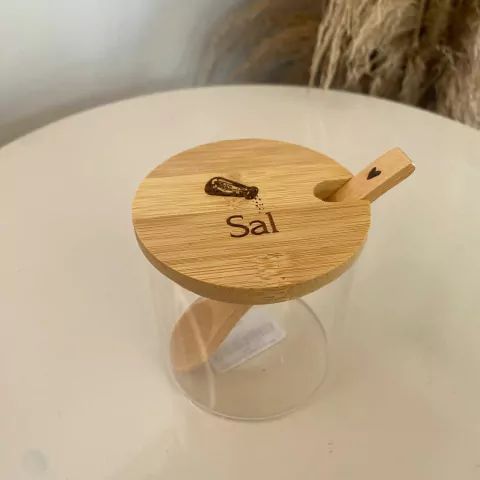 Pote de Vidro com Colher em bambu Personalizado - "Sal"