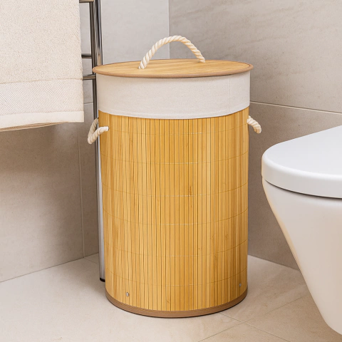 Cesto Organizador Redondo com tampa em Bambu - 48 Litros