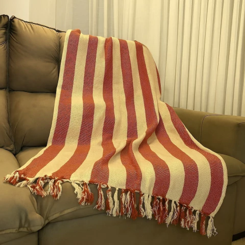 Manta decorativa em algodão 2,40x1,80 - Listrado Terracota e cru