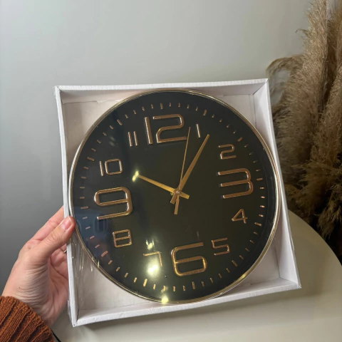 Relógio de parede em plástico preto com cobre - 25cm