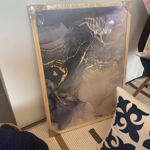 Quadro com Moldura Pinus Arte Abstrato Mármore Azul - 50x70cm