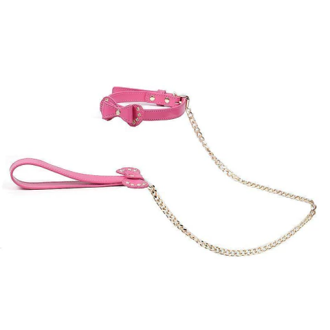 Coleira rosa com guia de corrente luxo