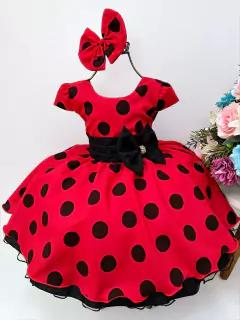 Vestido Infantil Vermelho Bola Preta Joaninha Festa Poá Luxo