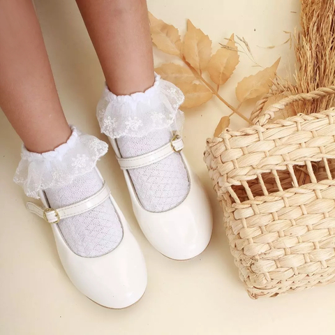 Meia Soquete Batizado Festa Infantil Menina Social Tule Rendada branco