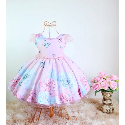 Vestido Infantil Rosa Floral Jardim das Borboletas Encantado Luxo