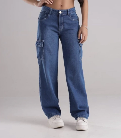 Calça Cargo Jeans Wide Leg Feminina Juvenil Streetwear Azul - comprar online