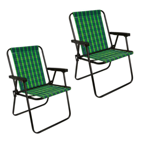 Kit 2 Cadeira de Praia Varanda Xadrez em Aço 110 kg Verde Mor