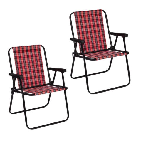 Kit 2 Cadeira de Praia Varanda Xadrez em Aço 110 kg Vermelha Mor