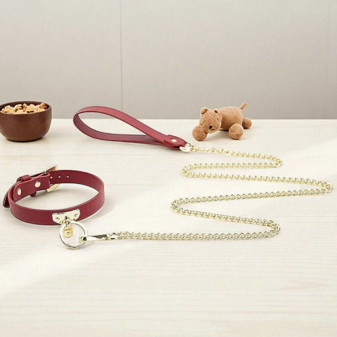 COLEIRA BONDAGE COM GUIA DOURADA