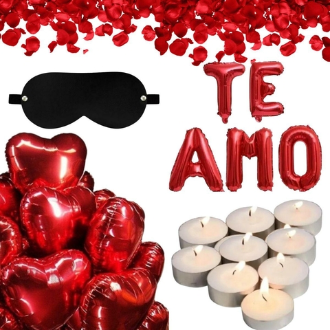 Decoração Dia dos Namorados Surpresa - Balão Metalizado Coração e Te Amo - 20 Velas Reuchad - 300 Pétalas e Tapa Olho