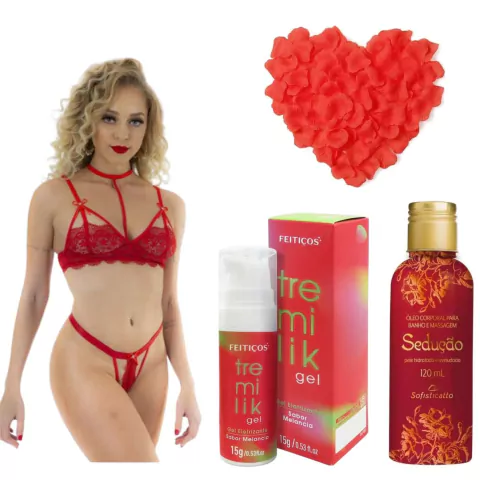Paixao Intensa - Lingerie Sensual Gargantilha - Oleo Corporal Massagem - Gel Tremilik Melancia - Petalas