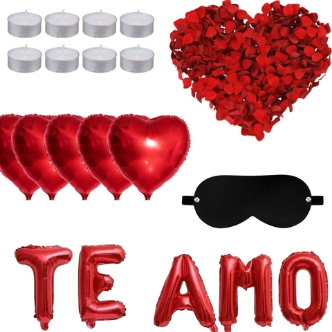 Decoração Romântica Balão Metalizado Te Amo Coração 10 Velas Rechaud 200 Pétalas Tapa Olho