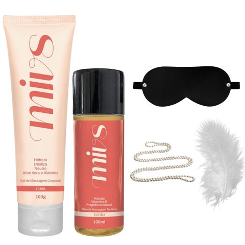 Kit Mivs Sensual Massagem Óleo Lubri a Base D'água Pluma Colar de Pérolas e Tapa Olho