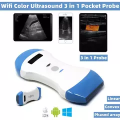Ultrasonido Importado a Color inalámbrico Wifi, Sonda 3 en 1, 3,5 MHz/5MHz, convexo/7,5 MHz, sonda lineal, compatible con iOS, Android y Windows