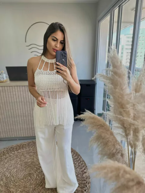 Cropped Franjas Branco Crochê