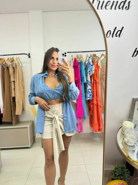 Camisa com Cropped Linho Azul