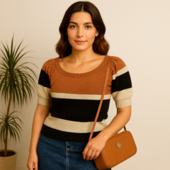 Blusa Feminina Tricot Listrada Manga Detalhada E Gola Canoa - comprar online