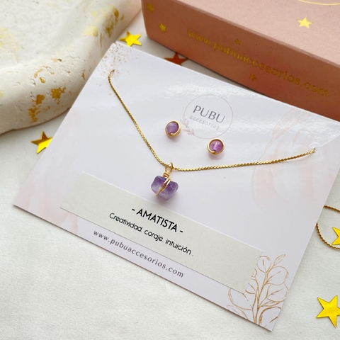 Conjunto Cadena Más Aretes Cuarzo picado natural Dorado - comprar en línea