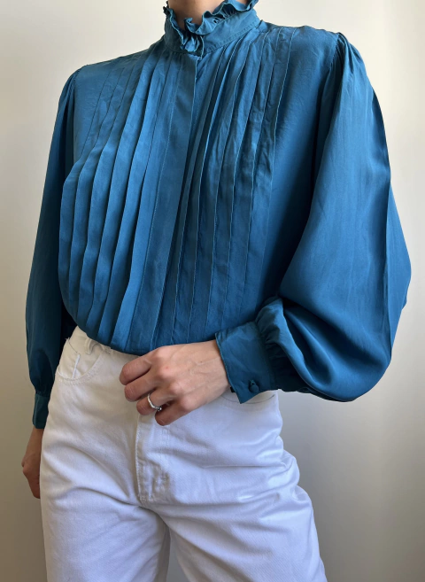 Camisa Vintage Seda Pura Azul Petróleo