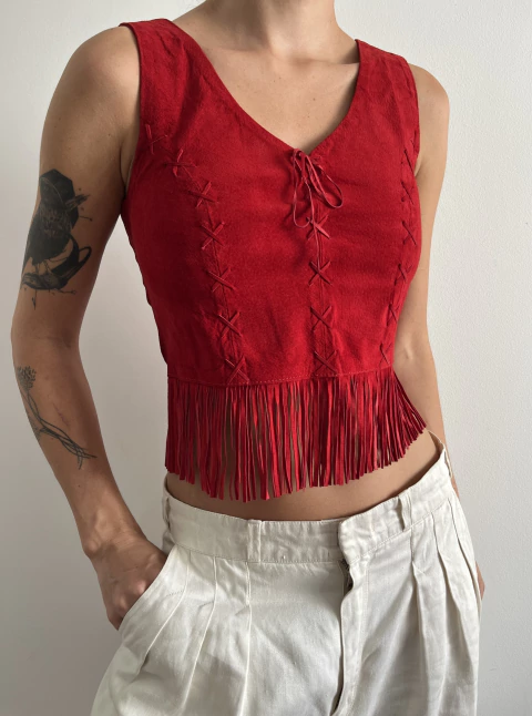 Cropped Couro Legítimo Vermelho Franjas